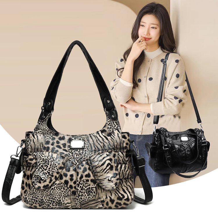Leopard Print PU Shoulder Handbag Crossbody Bag with Magnetic Drawstring Closure