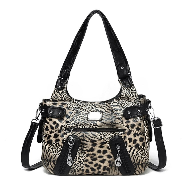 Leopard Print PU Shoulder Handbag Crossbody Bag with Drawstring Magnetic Closure - Image 2