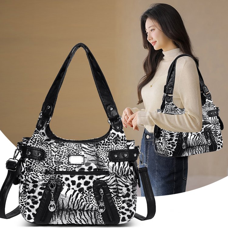 Leopard Print PU Shoulder Handbag Crossbody Bag with Drawstring Magnetic Closure