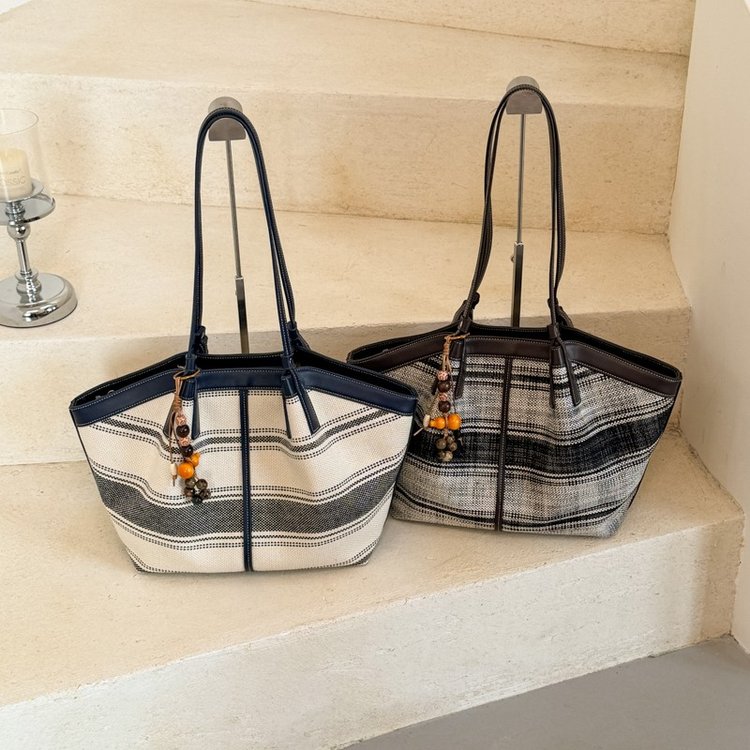 Canvas and PU Plaid Tote Bag for Daily Use Fall 2026 One Size